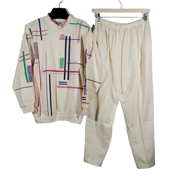 VTG Roberto Orsini 2pc Pant Set Sweatsuit Cream Puff Paint Abstract Wearable Art - Picture 1 of 7